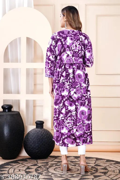 White-pink floral Alia cut Rayon kurtis with embroidery, side waist tassels, and motifs. India origin