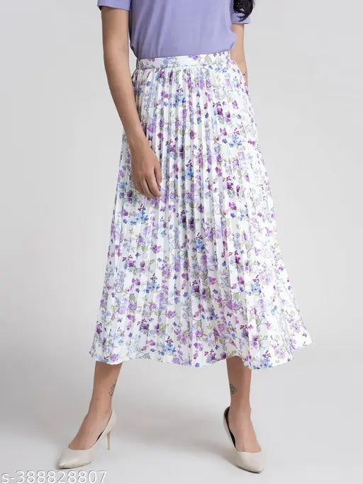 Stylish floral print crepe skirt for women (N), modern elegance, midi length, size 26-38, Made in India