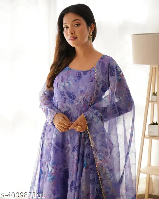 Printed Georgette Anarkali gown with dupatta, long sleeves, Indian handcrafted women's fashion