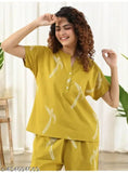 Trendy graphic print pure cotton nightsuit for women, stylish pyjamas with three-quarter sleeves. Fashionable and comfortable loungewear. India origin
