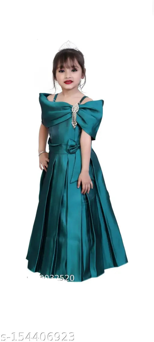 Green cotton blend ethnic gown for girls, three-quarter sleeves, solid pattern design - one piece long frock dress for parties and special occasions, Indian origin