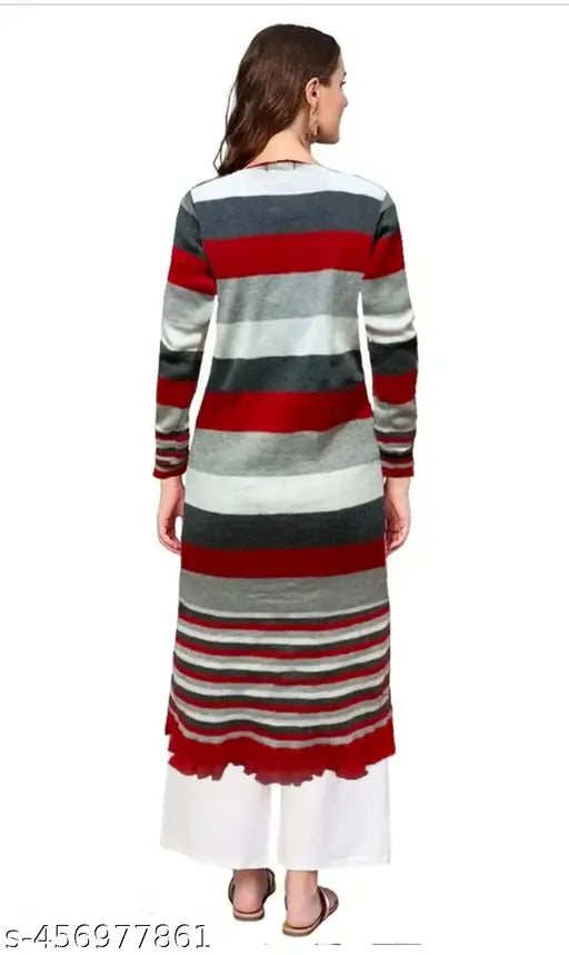 Woolen red striped kurti, long-sleeved woolen garment for women, single size L, made in India