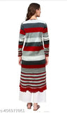 Woolen red striped kurti, long-sleeved woolen garment for women, single size L, made in India