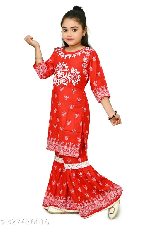 New Festive Collection Rayon Printed A-line Kurta with Sharara - Girls Fashion Set (3-4yrs, 4-5yrs, 5-6yrs, 6-7yrs) - India