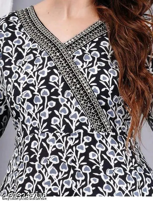 Black rayon gown with long sleeves and printed net pattern, Aliya Cut design, made in India