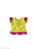 Gold border art silk lehenga choli for toddlers, printed design on short sleeves, Indian-made infant clothing
