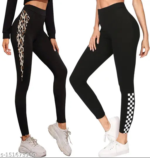 Printed cotton blend jeggings pack of 2 - women's solid stretchable pants with stylish formal bottoms