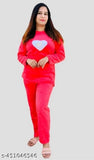 Red women's woolen night suit with printed net pattern, ideal for winter warmth