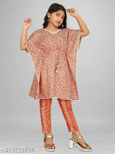 Printed rayon kaftan & trousers set for girls, Indian ethnic wear in Cambric Cotton fabric