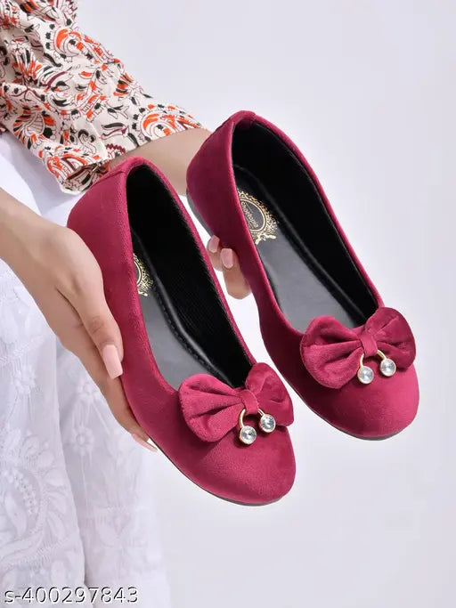 Velvet slip-on ballerinas, Shoetopia cherry belly stone buckle for women & girls, India origin
