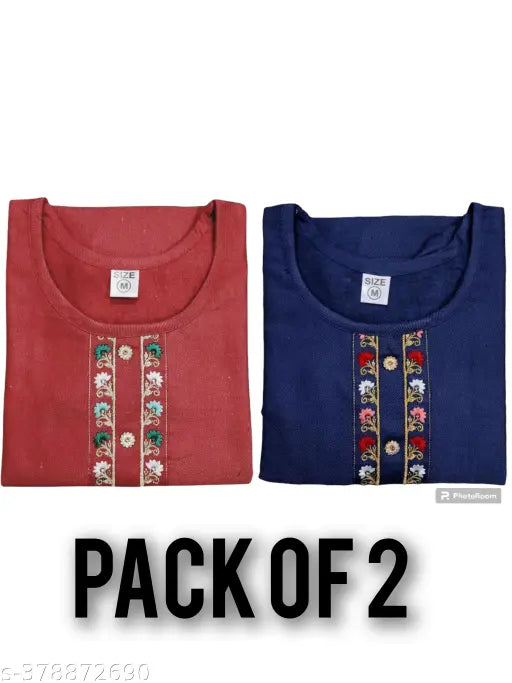 Embroidered woolen kurti combo pack (M38, L40, XL42, XXL44, XXXL46), winter season wear, Kashmiri embroidery, Indian craftsmanship