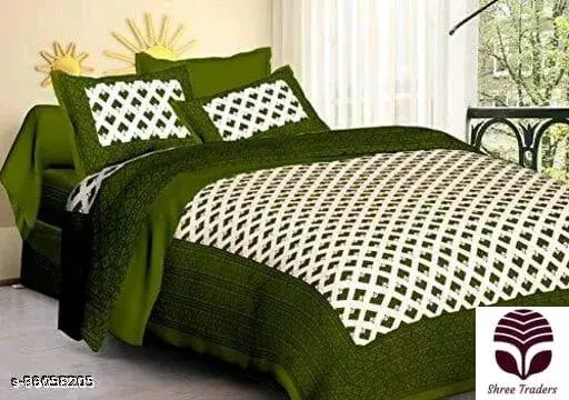 Double Queen sized, traditional Indian Jaipuri cotton bedsheet with 2 pillow covers, regular quality, 250 thread count