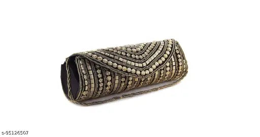 Handcrafted black fabric clutch, embellished net, 2 compartments, perfect for parties, detachable chain sling strap, spacious interior, ideal for weddings and events, India origin