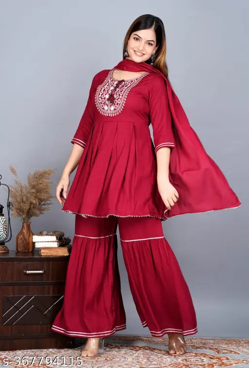 Rayon printed Anarkali Kurti set with Sharara & Dupatta, embroidered net design, contemporary Indian fashion, size N, India origin