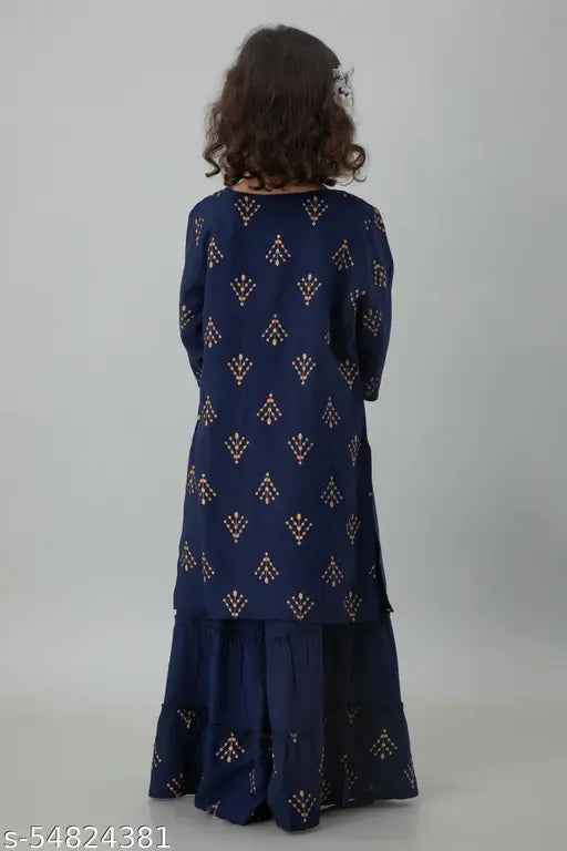 Printed rayon kids kurta sharara set in A-line style, above knee length with three-quarter sleeves - Indian traditional outfit for 5-9 year olds