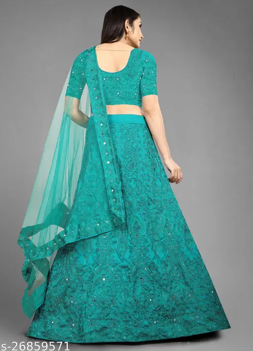 Flared taffeta silk unstitched Lehenga Choli for women, embroidered fusion fashion with net Dupatta, free size