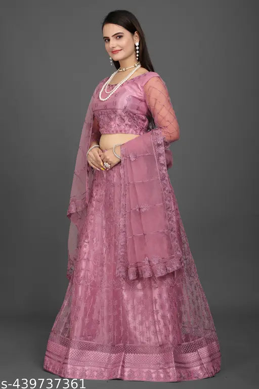 Elegant pink net semi-stitched Lehenga Choli by LIKCEK - Embroidered, ideal for weddings, festivals, and parties. Indian ethnic wear with extra inner and dupatta