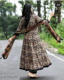 Women's rayon anarkali kurti set with pant and mulmul dupatta, three-quarter sleeves, printed pattern. L size with bust 40 inches, made in India