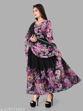 Georgette A-line printed women's kurta set with dupatta, elegant long-sleeved Indian clothing for sizes S-5XL