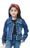 Blue denim jackets for girls, self-design net pattern, long sleeves, sizes: 12-18M, 18-24M, 1-2Y, 2-3Y, 3-4Y, 4-5Y, 5-6Y, 6-7Y, 7-8Y, 8-9Y. Made in India