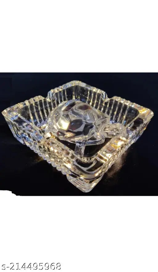Transparent crystal tortoise round bowl, 4-inch glass plate. Feng Shui showpiece for home office decor, origin: India