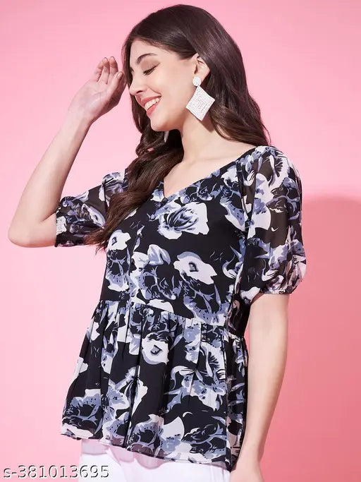 Navy Georgette floral peplum top with short sleeves, printed design on Indian-made women's fashion