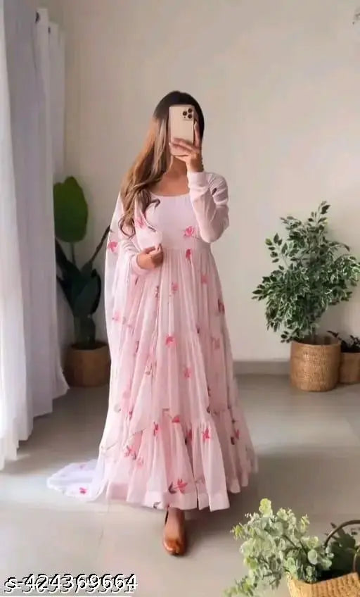 Georgette printed women's gown with dupatta, three-quarter sleeves, available in M, L, XL, XXL. Indian designer fashion