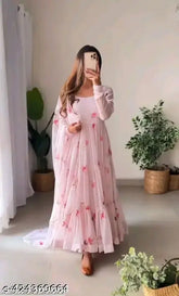 Georgette printed women's gown with dupatta, three-quarter sleeves, available in M, L, XL, XXL. Indian designer fashion