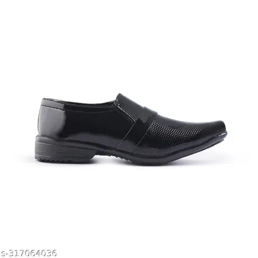 Black patent leather boys' party shoes with textured net detail and slip-on fastening, ideal for formal events