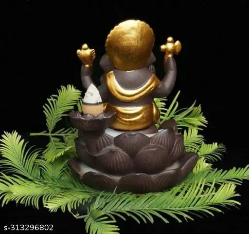 Brown polyresin Ganesh idol with smoke waterfall and 10 cones, intricately handcrafted Indian art piece for festival gift showpiece home decoration
