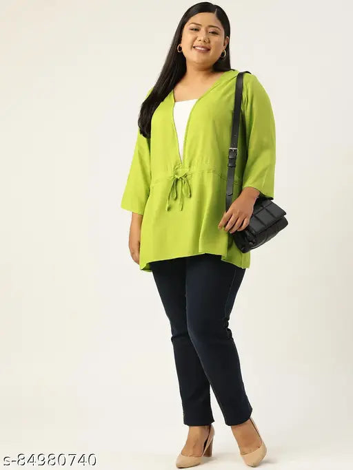 Green & White Viscose Rayon Regular Top with Tie-Up Detail - Plus Size Women's Fashion, V-neck, 3/4 sleeves