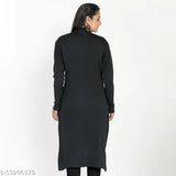 Black wool straight-printed kurti for women, long sleeves, winter wear, comfortable fit