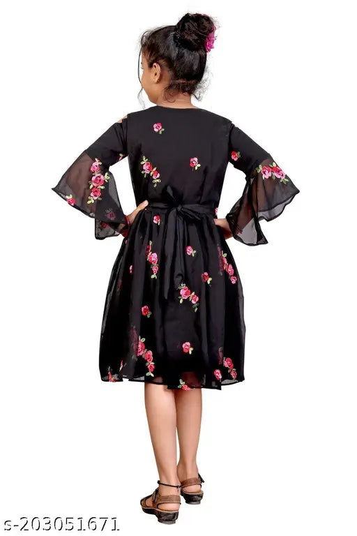 Black Georgette embroidered fit flared dress, short sleeves, flared sleeves style, size 9-10 years, hand washable, Indian craftsmanship