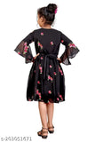 Black Georgette embroidered fit flared dress, short sleeves, flared sleeves style, size 9-10 years, hand washable, Indian craftsmanship