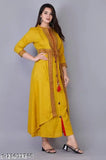 Yellow rayon embroidered kurti, three-quarter sleeves, women's fashionable Indian clothing