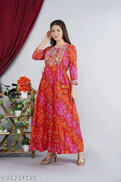Red & Orange rayon printed Anarkali embroidery kurti with three-quarter sleeves, ideal for Indian parties and events