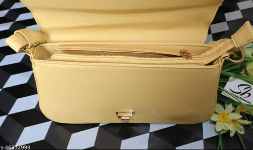 Light yellow spacious slingbag with removable straps, premium synthetic quality handbag for girls