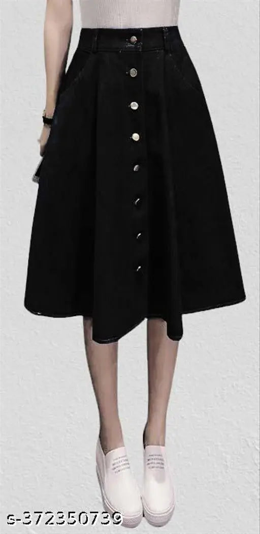 Black denim A-line midi skirt, breathable and adjustable for women's comfort, solid design, home washable, size 26-46, made in India