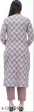Stylish printed cotton kurti and pant set in three-quarter sleeves, single set for M, L, XL, XXL; Indian ethnic wear on model
