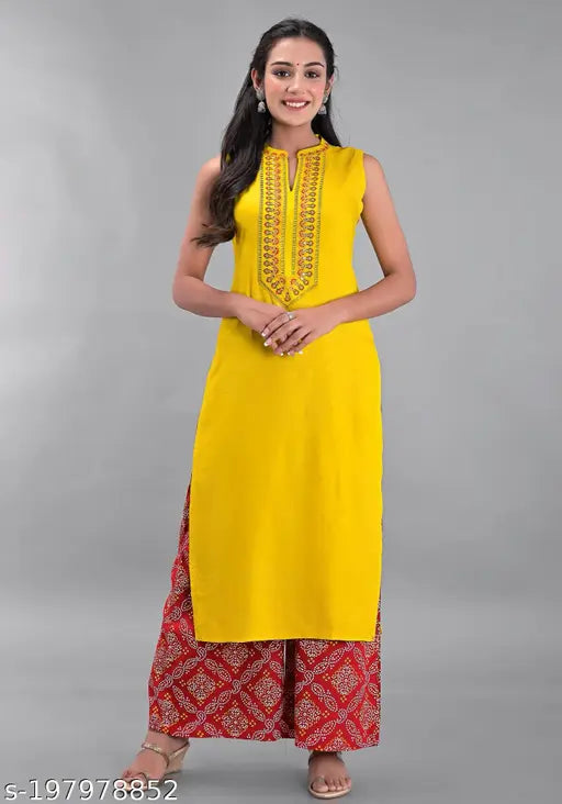 Rayon embroidered straight kurti, women's Clothy N Wave style - sleeveless, vibrant design, S to XXXXL sizes