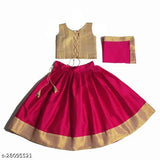 Pink satin lehenga and silk dupatta set, floral stitch with zari woven patterns for cute designer girls (0-2 years), Indian origin