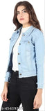Aqua blue denim jacket & waistcoat for women, solid design with long sleeves and flaps, made in India