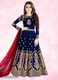 Embroidered blue gown, Manohari brand, long sleeves, Indian fashion on mannequin