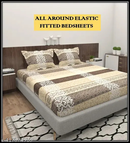 King Size 320 TC cotton elastic fitted bedsheet with 2 pillow covers, botanical print for summer, adult use