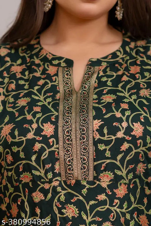 Green Rayon Maxi Dress, Indian-inspired printed plus size gown with three-quarter sleeves, perfect for fashionable events