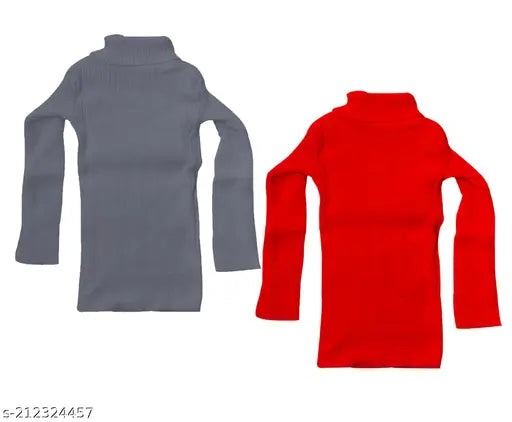 Warm wool skivvy set for girls (pack of 2), solid pattern, high neck & long sleeves - perfect winter wear