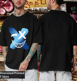 Men's black cotton graphic print oversized t-shirt, perfect for casual wear or sports activities. Quality smile design stands up to multiple washes." (124 characters)