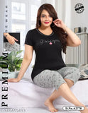 Black with Grey Cotton Hosiery Half Sleeves T-Shirt and Capri Night Suit - Stretchy, Printed, Comfortable Pajama Set for Spring and Summer Seasons (L to 3XL)