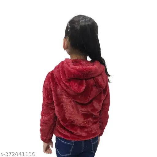 Polyester faux fur hooded sweatshirt for girls (size 12-13 years), printed pattern, front pockets