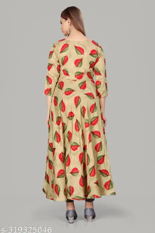 Leaf print flared rayon Kurta, three-quarter sleeves, printed combo, heart neck lace border, plus size Anarkali